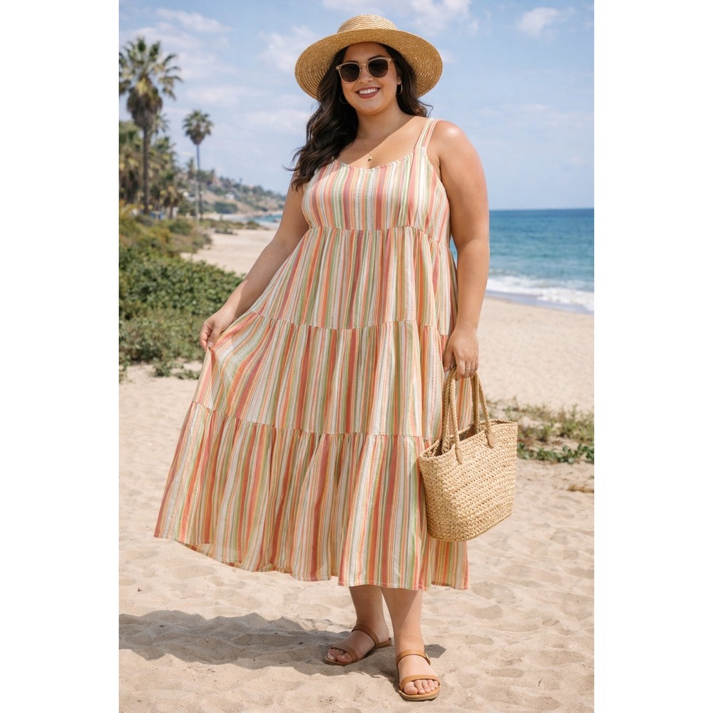 Linda Anderson XXL Striped Tiered Maxi Dress Metallic Gold Accent Smocked Back
